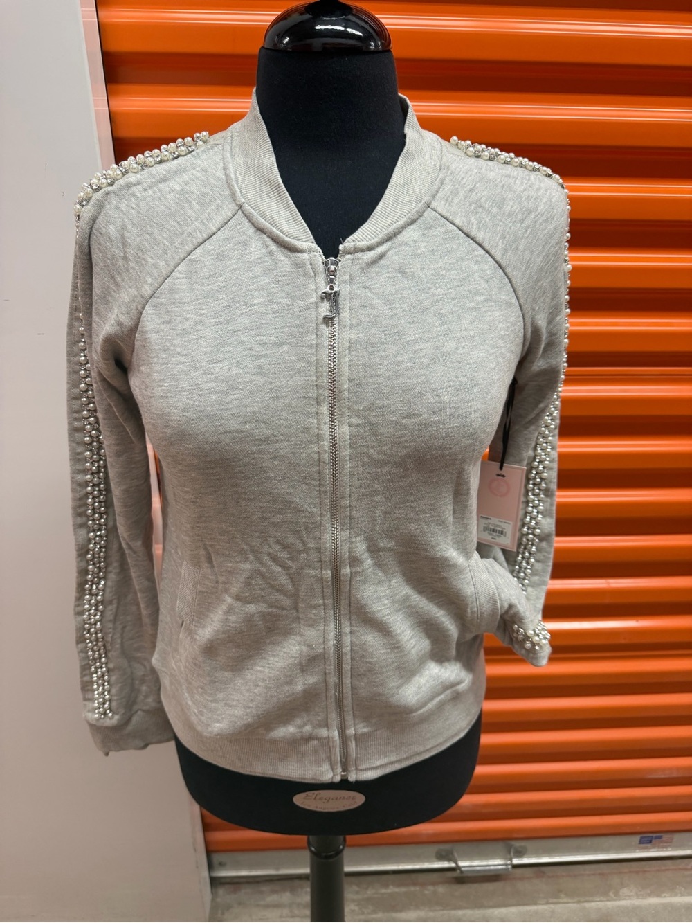 NWT Juicy Couture Women Pearl-Trim Light Gray Zip Track Jacket